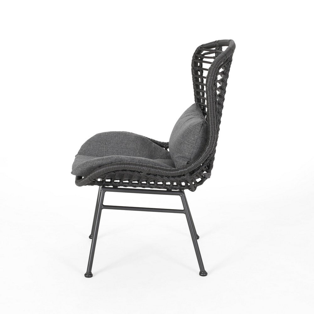 Outdoor Round Accent Chair Set of 2, Gray Faux Rattan, Black Iron - BM326930