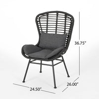Outdoor Round Accent Chair Set of 2, Gray Faux Rattan, Black Iron - BM326930