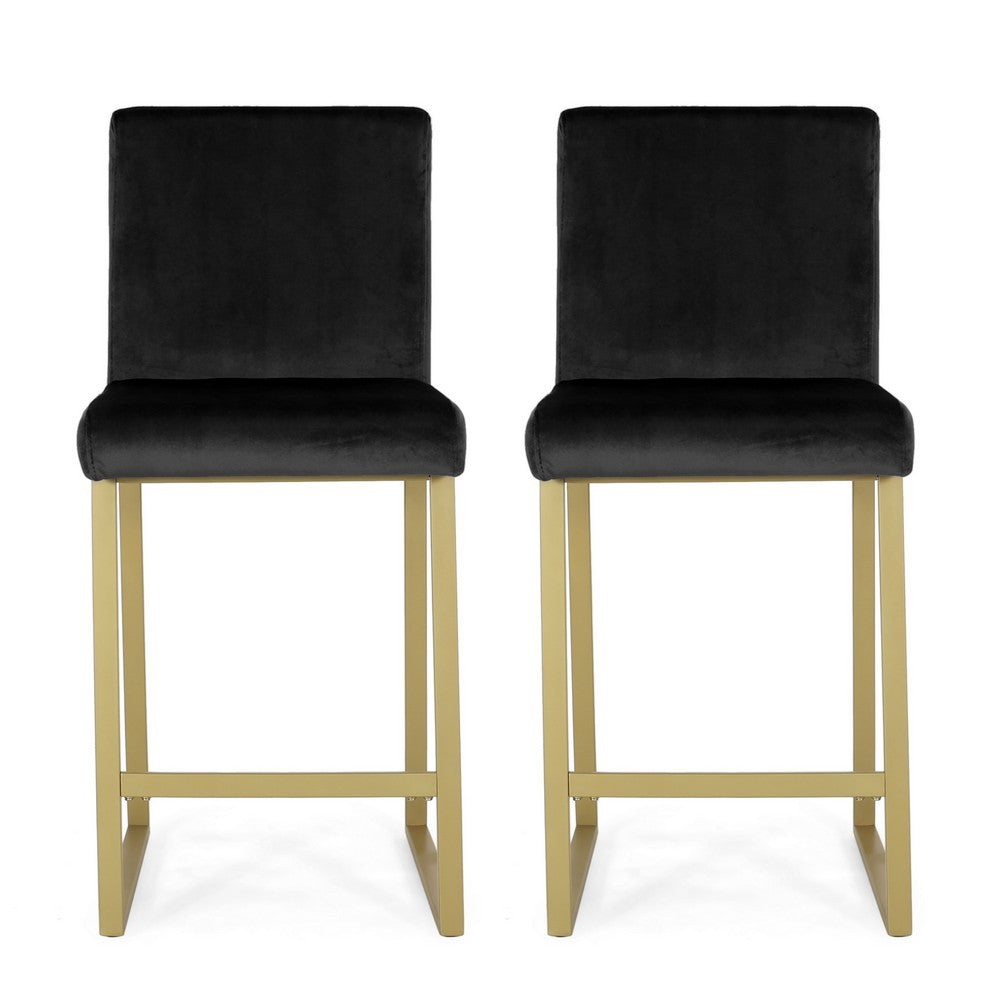 Counter Stool Chair Set of 2, Gold Sled Metal Base, Black Velvet - BM326934