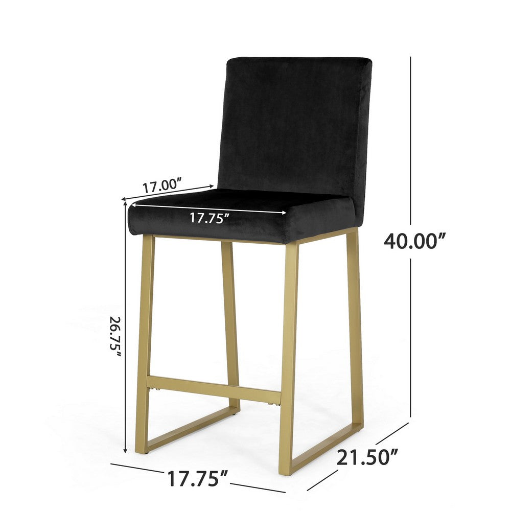 Counter Stool Chair Set of 2, Gold Sled Metal Base, Black Velvet - BM326934