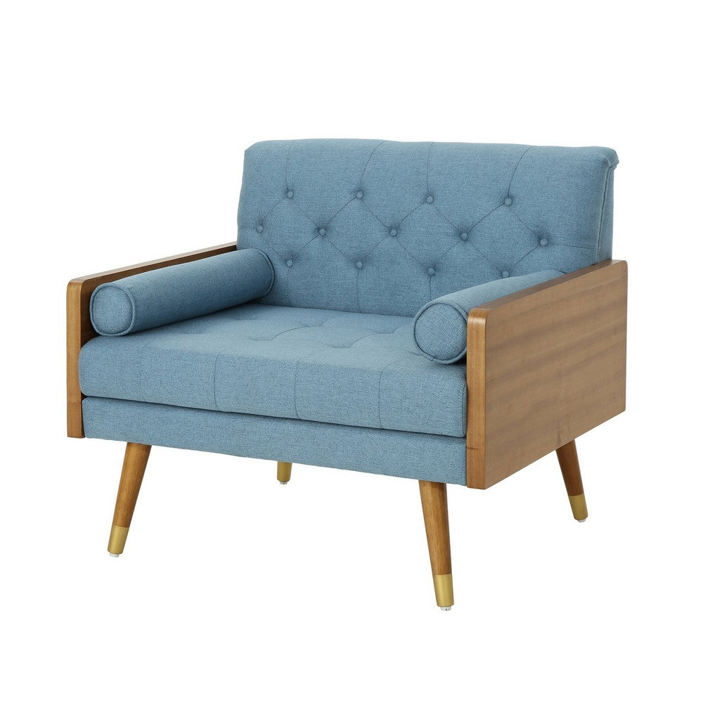 Lita Wide Accent Club Chair, Tufted, Blue Fabric, Brown Wood Frame - BM326938