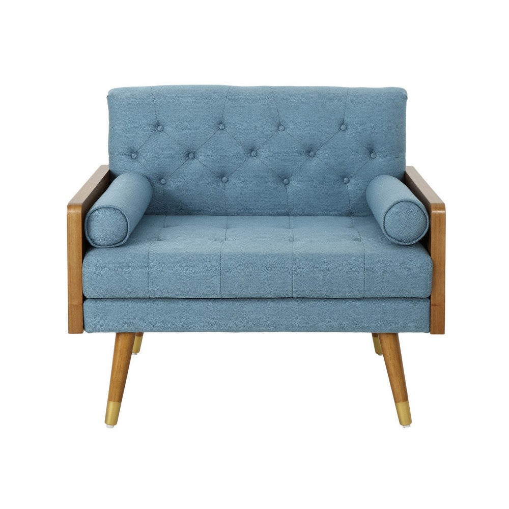 Lita Wide Accent Club Chair, Tufted, Blue Fabric, Brown Wood Frame - BM326938