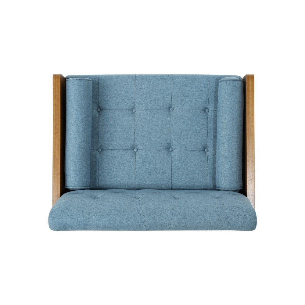 Lita Wide Accent Club Chair, Tufted, Blue Fabric, Brown Wood Frame - BM326938
