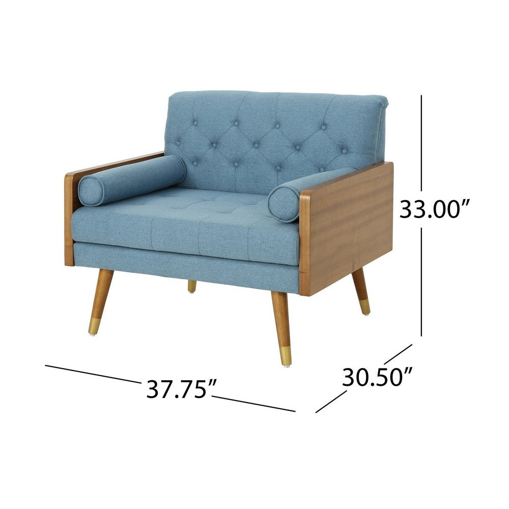 Lita Wide Accent Club Chair, Tufted, Blue Fabric, Brown Wood Frame - BM326938