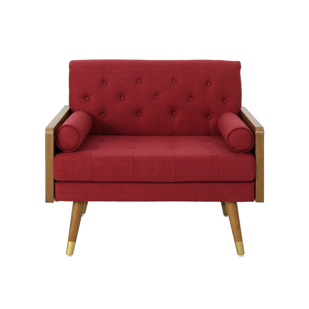 Lita Wide Accent Club Chair, Button Tufted, Red Fabric, Brown Frame - BM326940