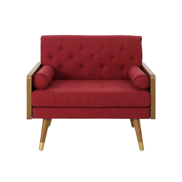 Lita Wide Accent Club Chair, Button Tufted, Red Fabric, Brown Frame - BM326940
