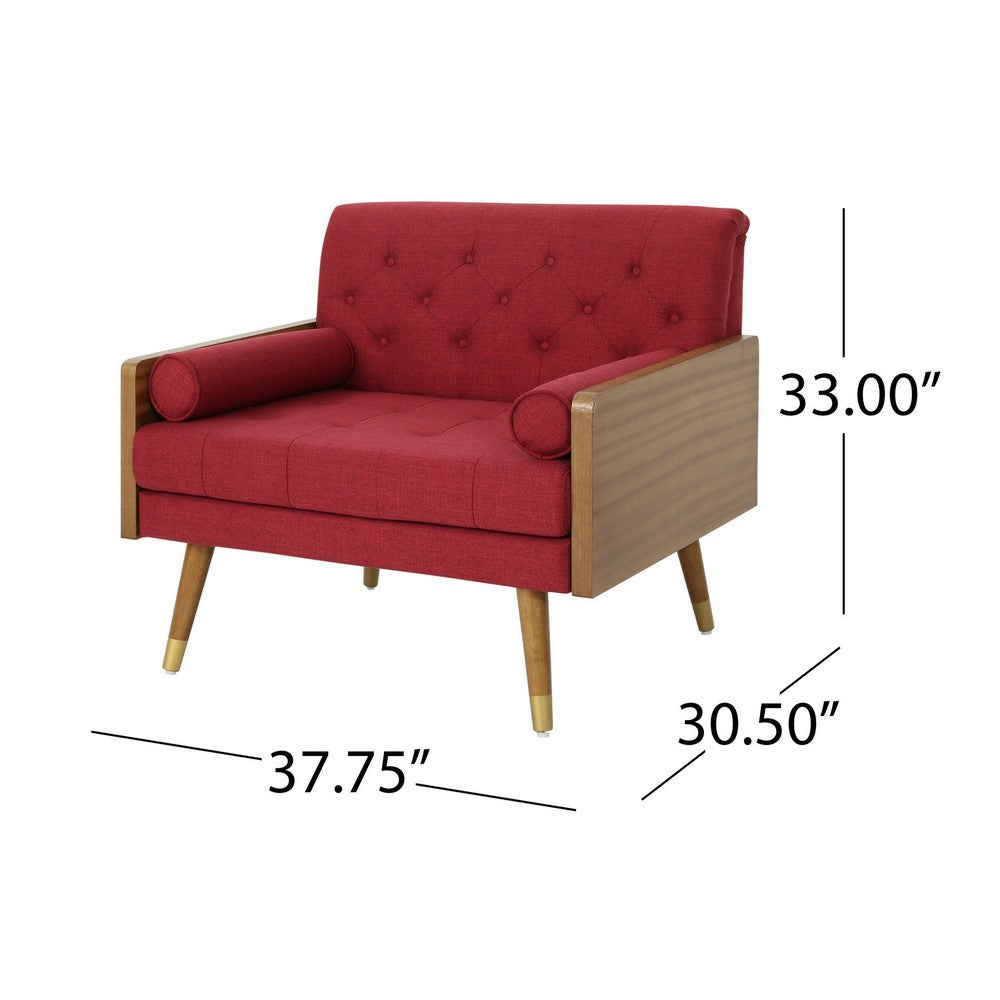 Lita Wide Accent Club Chair, Button Tufted, Red Fabric, Brown Frame - BM326940