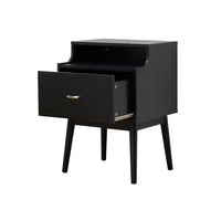 Inaya Nightstand, 1 Drawer and Shelf, Splayed Legs, 26 Inch Black MDF - BM326950