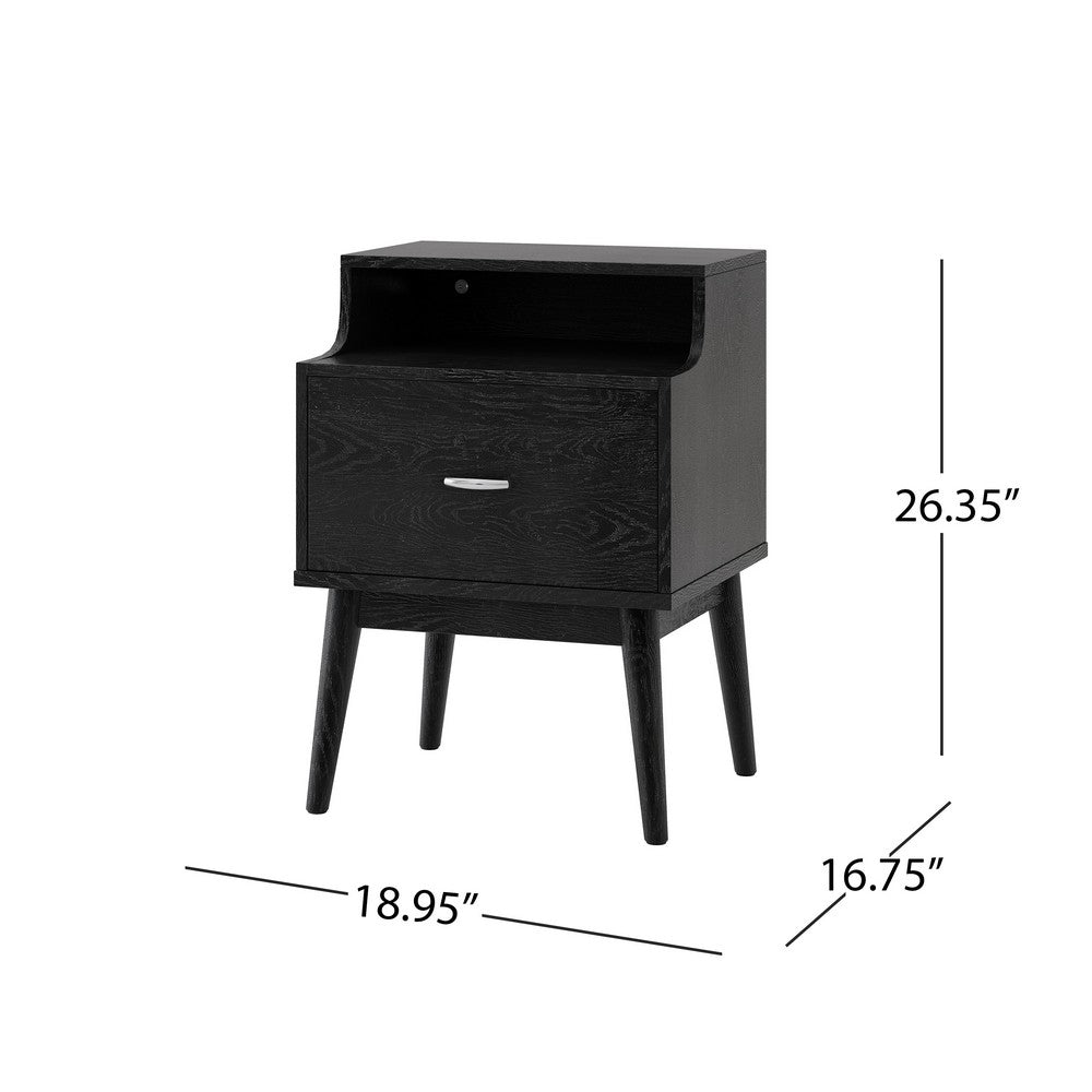 Inaya Nightstand, 1 Drawer and Shelf, Splayed Legs, 26 Inch Black MDF - BM326950