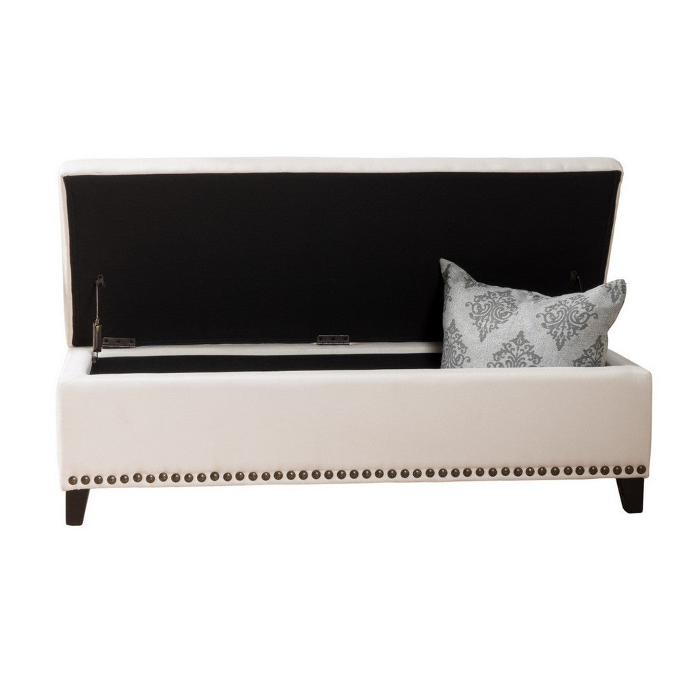 Ottoman Bench, Chain Link Pattern, Nailhead Trim, 51 Inch Beige Fabric - BM326958