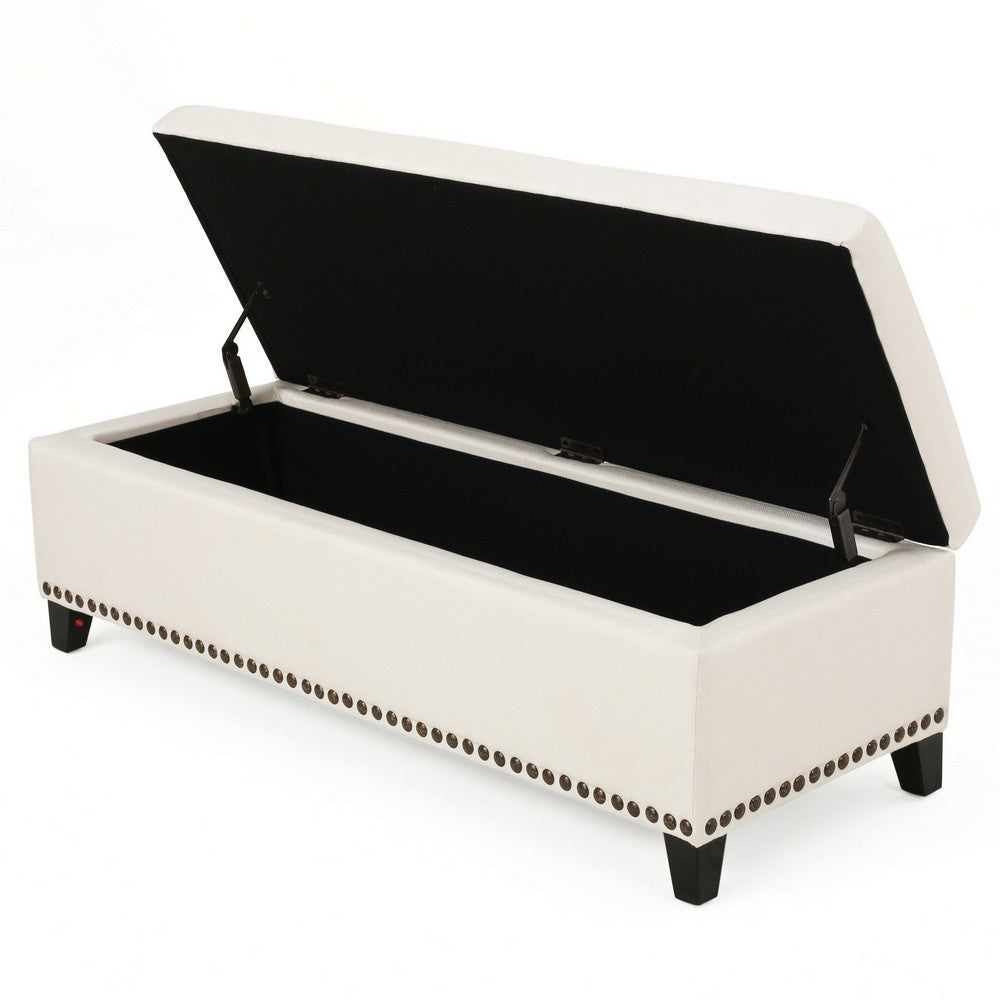 Ottoman Bench, Chain Link Pattern, Nailhead Trim, 51 Inch Beige Fabric - BM326958