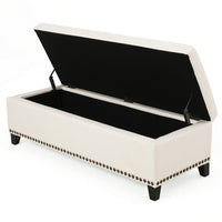 Ottoman Bench, Chain Link Pattern, Nailhead Trim, 51 Inch Beige Fabric - BM326958