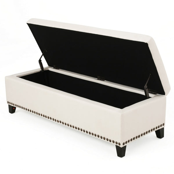 Ottoman Bench, Chain Link Pattern, Nailhead Trim, 51 Inch Beige Fabric - BM326958