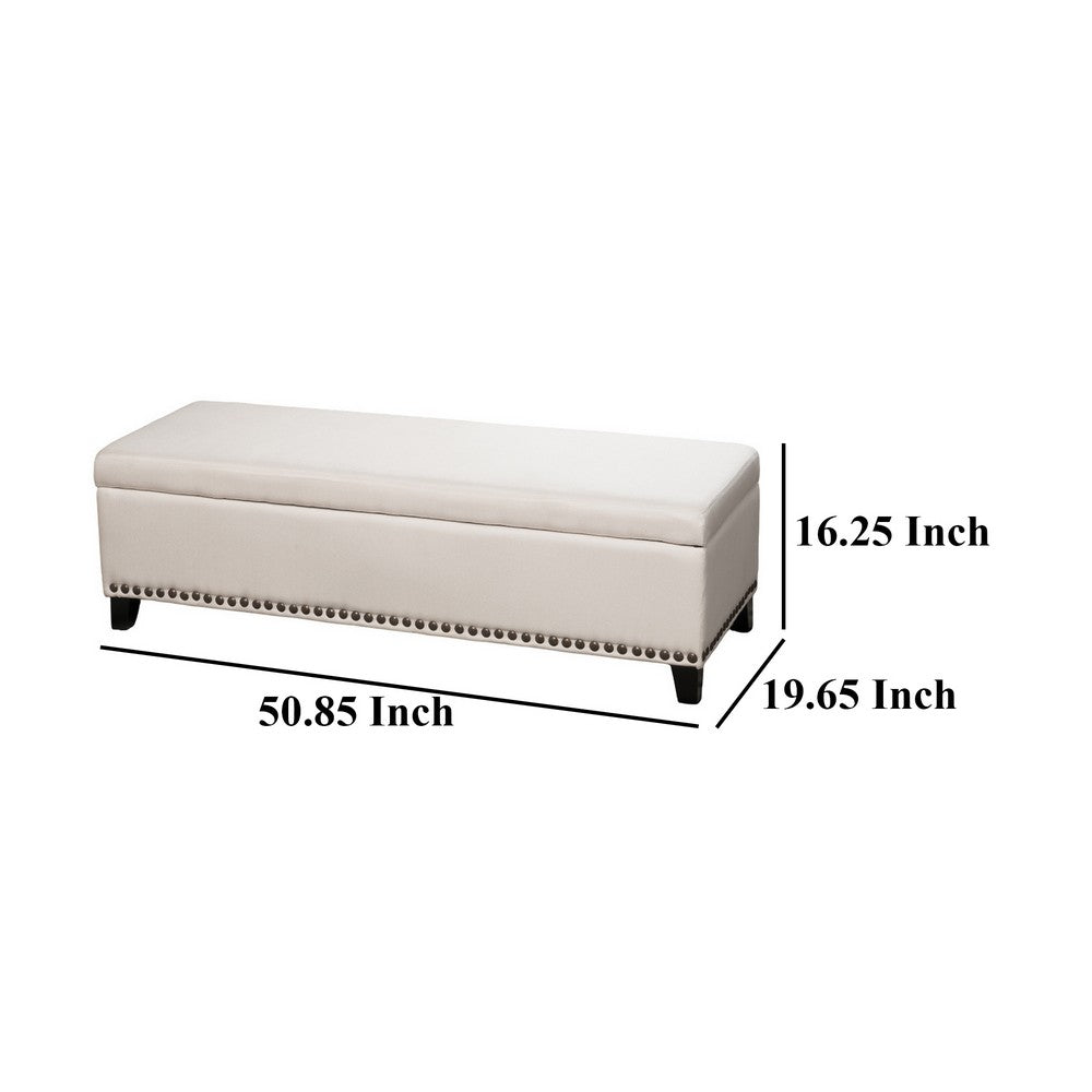 Ottoman Bench, Chain Link Pattern, Nailhead Trim, 51 Inch Beige Fabric - BM326958