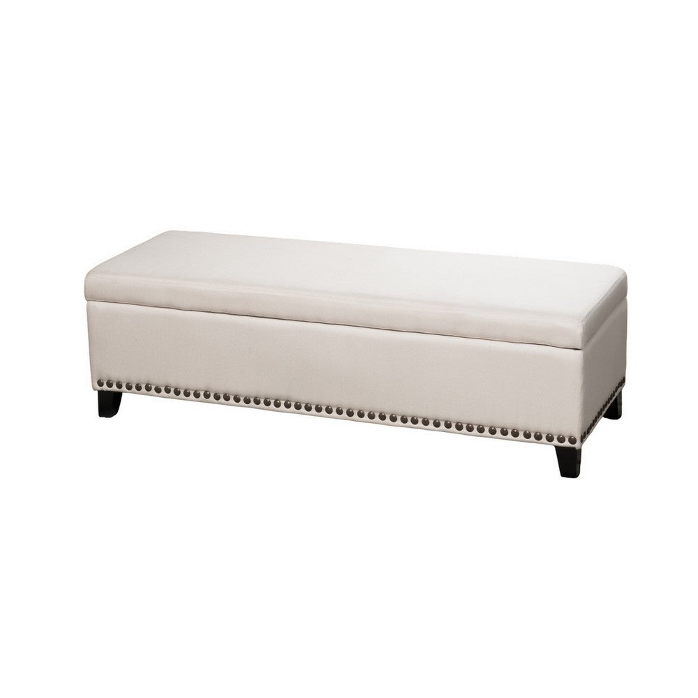 Ottoman Bench, Chain Link Pattern, Nailhead Trim, 51 Inch Beige Fabric - BM326958