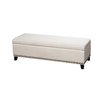 Ottoman Bench, Chain Link Pattern, Nailhead Trim, 51 Inch Beige Fabric - BM326958