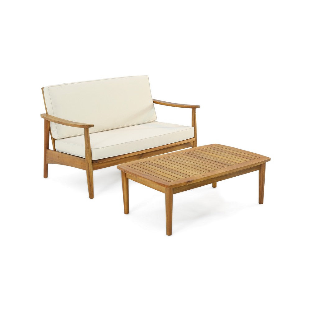 Roxy 2pc Outdoor Loveseat and Coffee Table Set, Acacia Wood, Cream - BM326962
