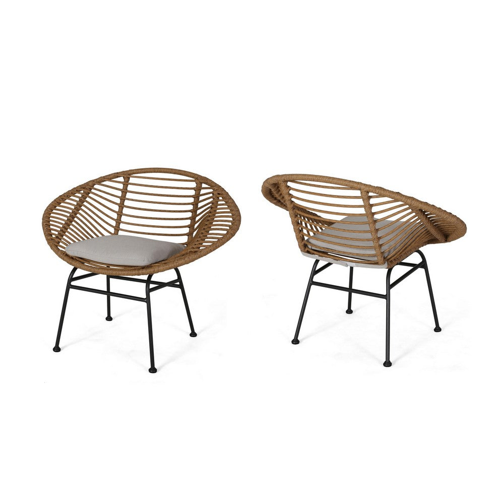 Outdoor Accent Chair Set of 2, Beige, Basket Brown Faux Rattan, Black - BM326975