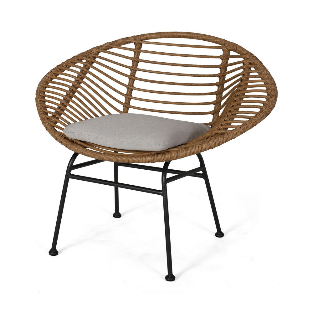 Outdoor Accent Chair Set of 2, Beige, Basket Brown Faux Rattan, Black - BM326975