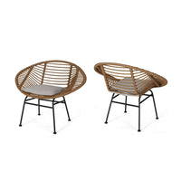 Outdoor Accent Chair Set of 2, Beige, Basket Brown Faux Rattan, Black - BM326975