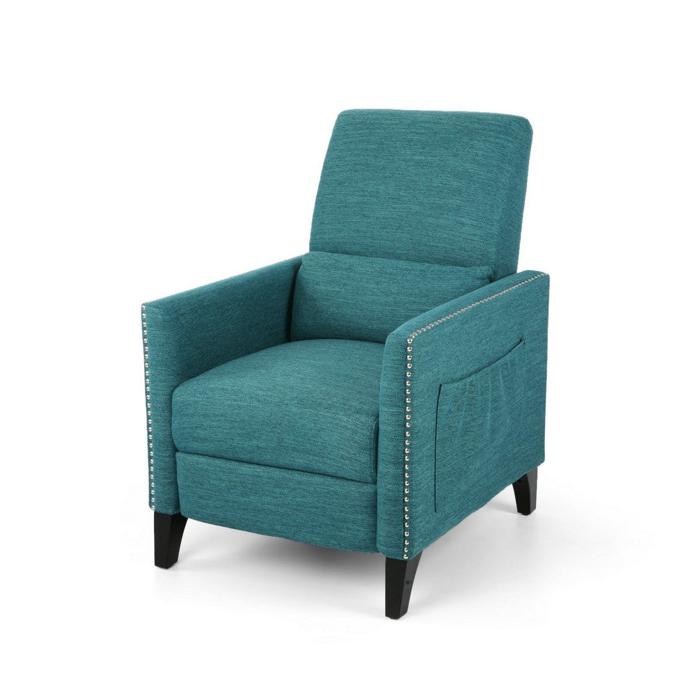 Davy Pushback Recliner Chair, Nailhead Trim, Birch Wood, Teal Fabric - BM326976