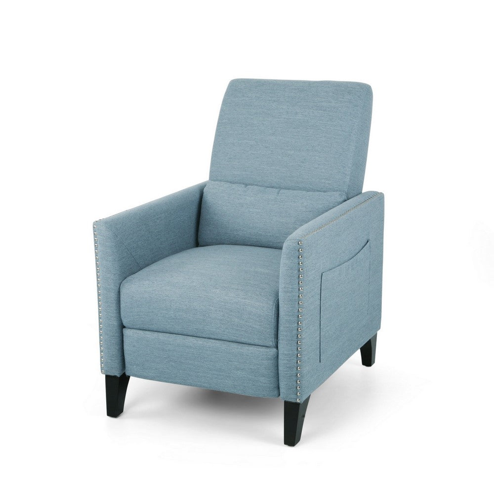 Davy Pushback Recliner Chair, Nailhead Trim, Birch Wood, Blue Fabric - BM326977