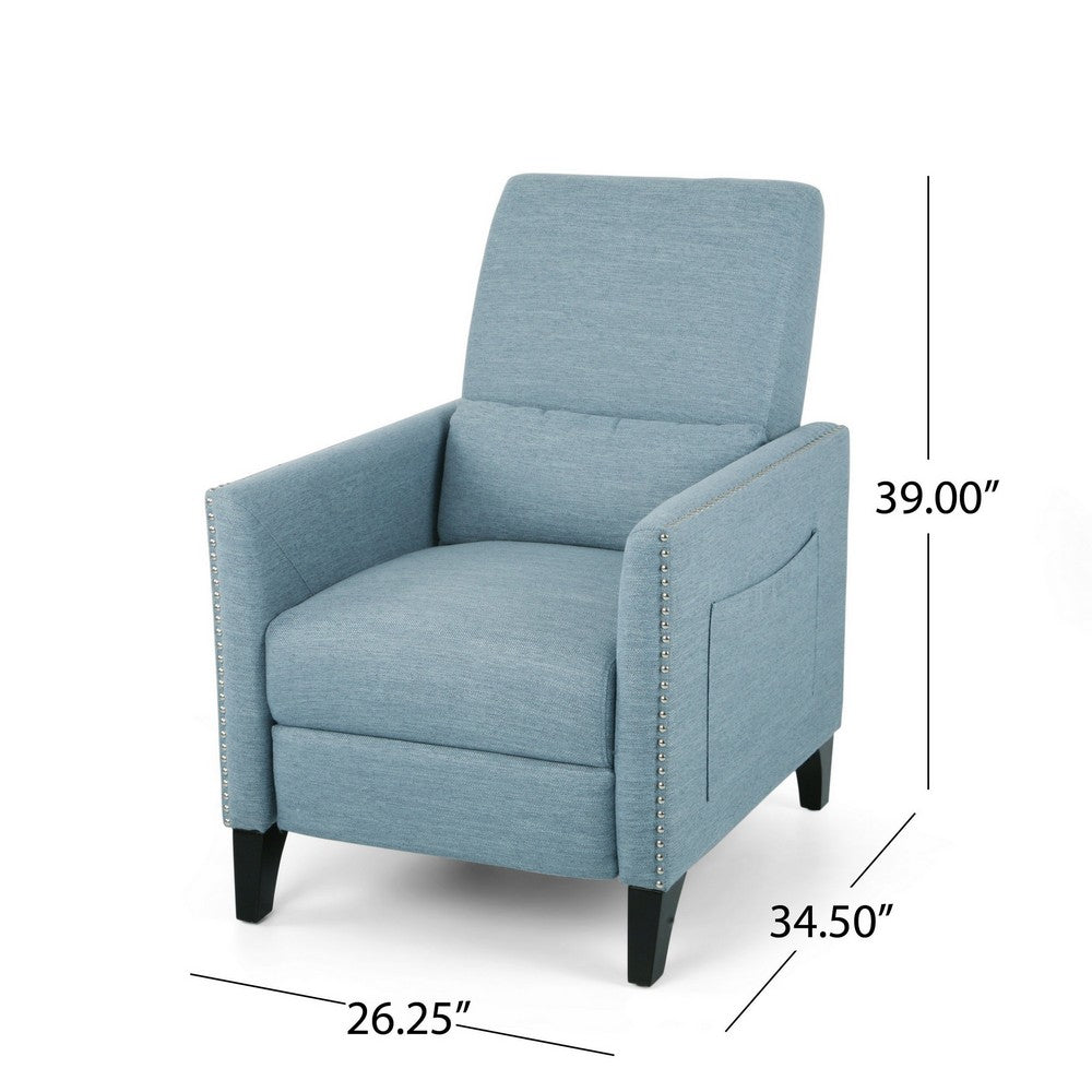 Davy Pushback Recliner Chair, Nailhead Trim, Birch Wood, Blue Fabric - BM326977