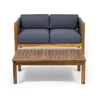 2pc Outdoor Loveseat Coffee Table Set, Brown Acacia Wood, Dark Gray - BM326979
