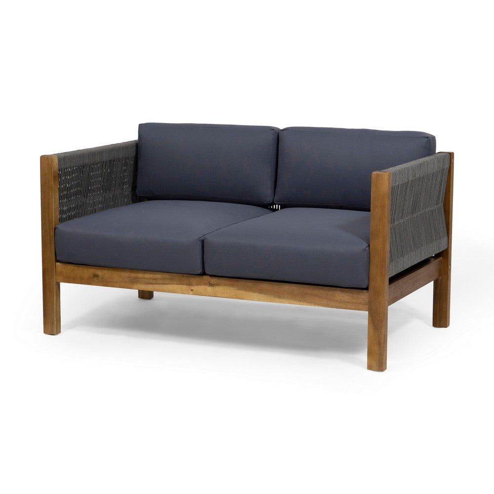 2pc Outdoor Loveseat Coffee Table Set, Brown Acacia Wood, Dark Gray - BM326979