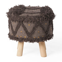 Footstool Ottoman, Handcrafted Boho Design, Brown Woven Seat, Wood - BM326989