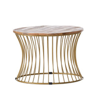 Coffee Table, Gold Hourglass Metal Base, 25 Inch Round Mango Wood Top - BM326994