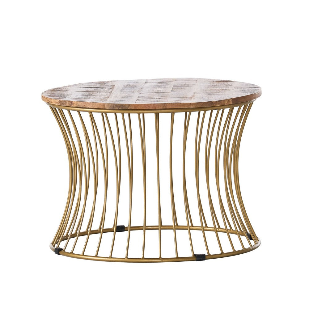 Coffee Table, Gold Hourglass Metal Base, 25 Inch Round Mango Wood Top - BM326994