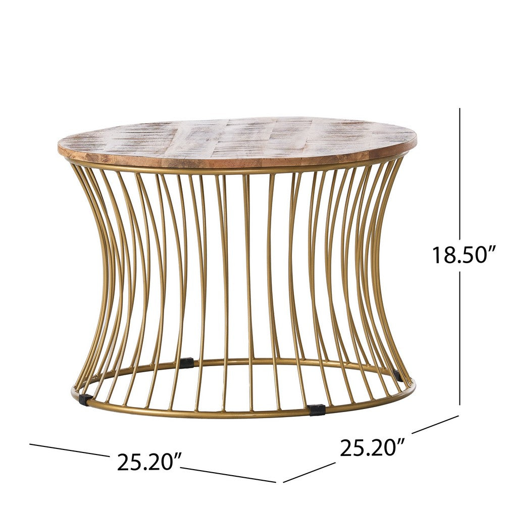 Coffee Table, Gold Hourglass Metal Base, 25 Inch Round Mango Wood Top - BM326994