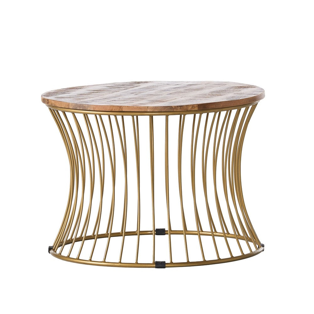 Coffee Table, Gold Hourglass Metal Base, 25 Inch Round Mango Wood Top - BM326994