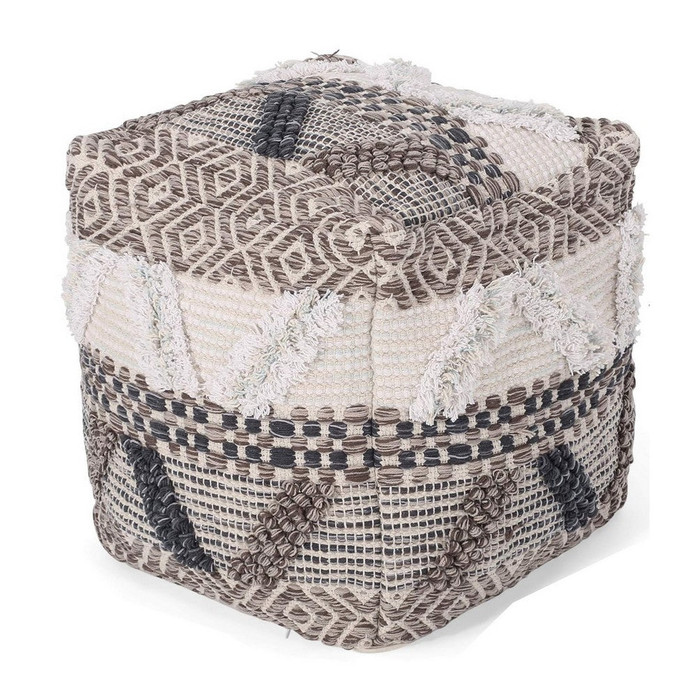 Ottoman Pouf, 16 Inch, Boho Design, White Beige Woven Wool, Bead Fill - BM326996