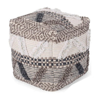 Ottoman Pouf, 16 Inch, Boho Design, White Beige Woven Wool, Bead Fill - BM326996