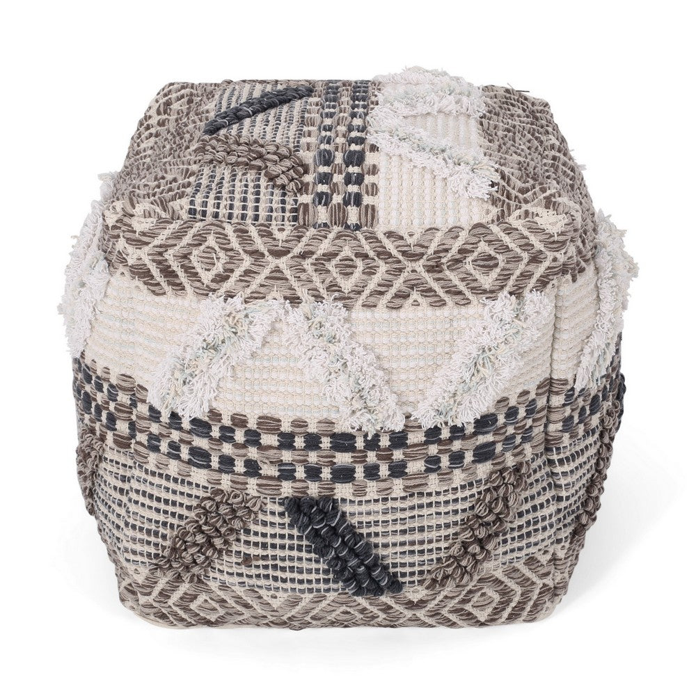 Ottoman Pouf, 16 Inch, Boho Design, White Beige Woven Wool, Bead Fill - BM326996