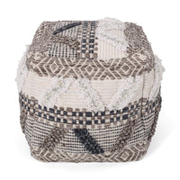 Ottoman Pouf, 16 Inch, Boho Design, White Beige Woven Wool, Bead Fill - BM326996