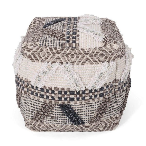 Ottoman Pouf, 16 Inch, Boho Design, White Beige Woven Wool, Bead Fill - BM326996
