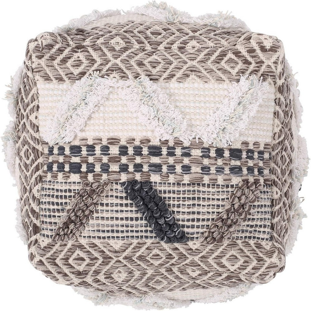Ottoman Pouf, 16 Inch, Boho Design, White Beige Woven Wool, Bead Fill - BM326996