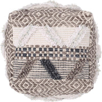 Ottoman Pouf, 16 Inch, Boho Design, White Beige Woven Wool, Bead Fill - BM326996
