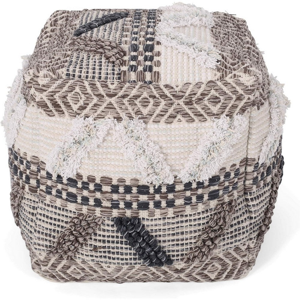 Ottoman Pouf, 16 Inch, Boho Design, White Beige Woven Wool, Bead Fill - BM326996