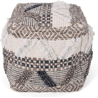 Ottoman Pouf, 16 Inch, Boho Design, White Beige Woven Wool, Bead Fill - BM326996