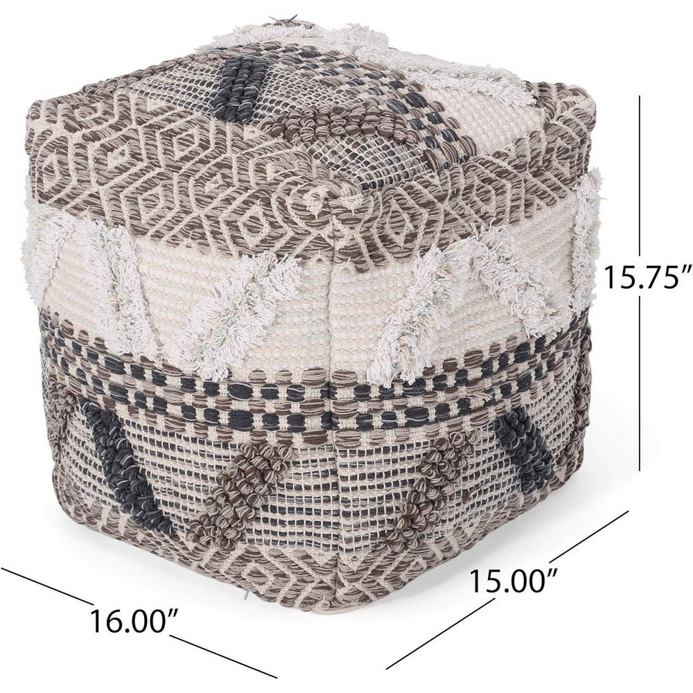 Ottoman Pouf, 16 Inch, Boho Design, White Beige Woven Wool, Bead Fill - BM326996