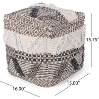 Ottoman Pouf, 16 Inch, Boho Design, White Beige Woven Wool, Bead Fill - BM326996