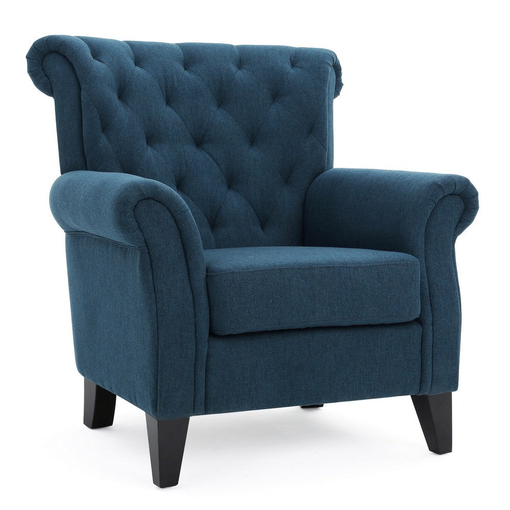 Koni Accent Chair, Button Diamond Tufted, Blue Fabric, Rolled Arms - BM327002