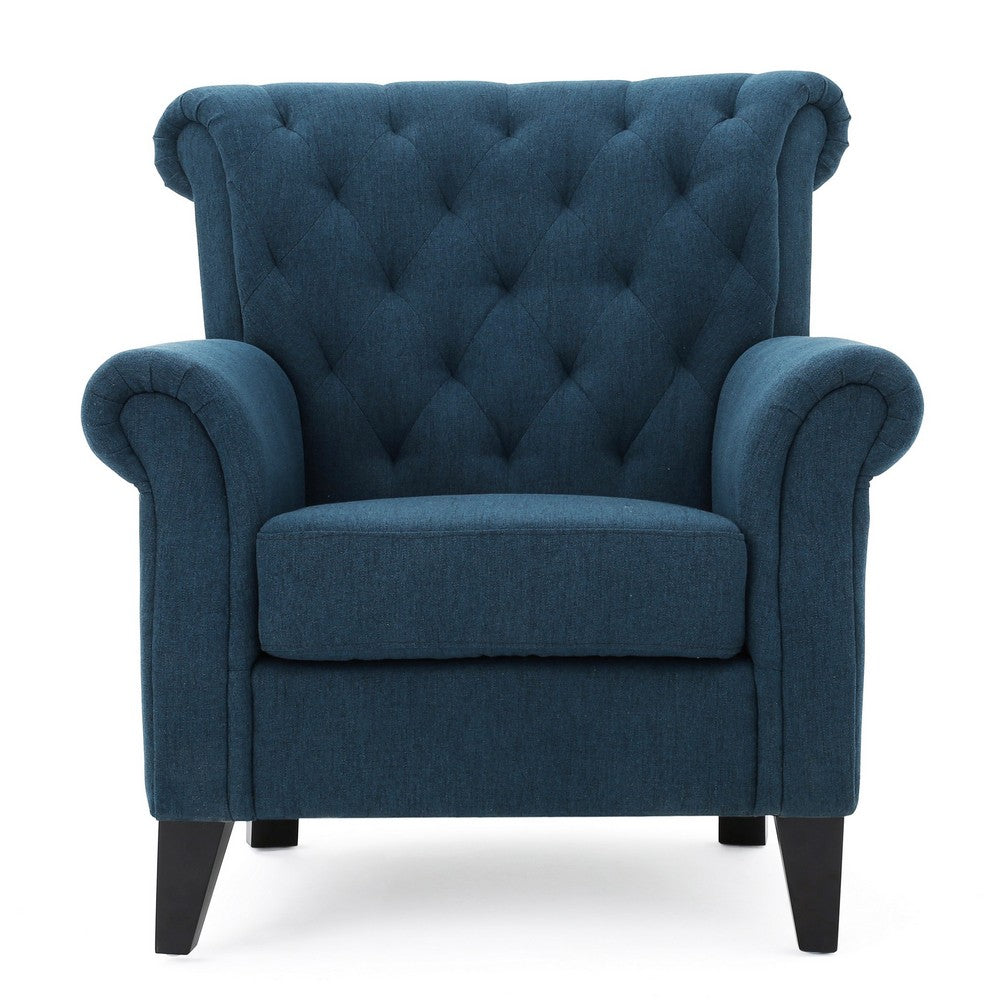 Koni Accent Chair, Button Diamond Tufted, Blue Fabric, Rolled Arms - BM327002