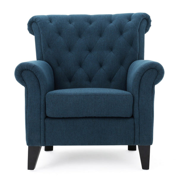 Koni Accent Chair, Button Diamond Tufted, Blue Fabric, Rolled Arms - BM327002
