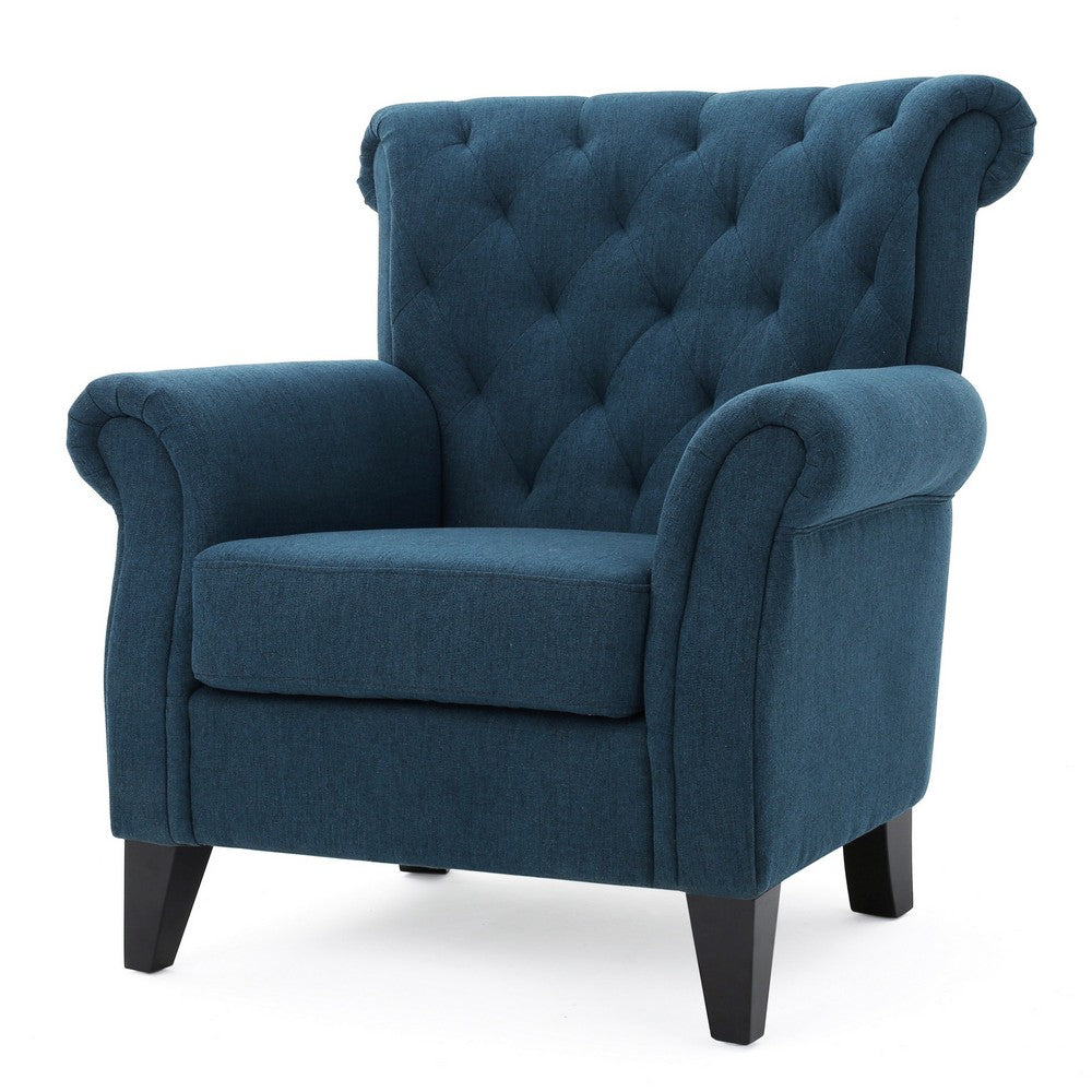 Koni Accent Chair, Button Diamond Tufted, Blue Fabric, Rolled Arms - BM327002