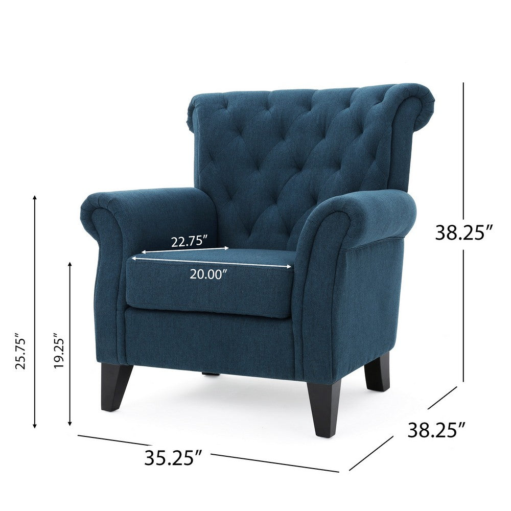 Koni Accent Chair, Button Diamond Tufted, Blue Fabric, Rolled Arms - BM327002